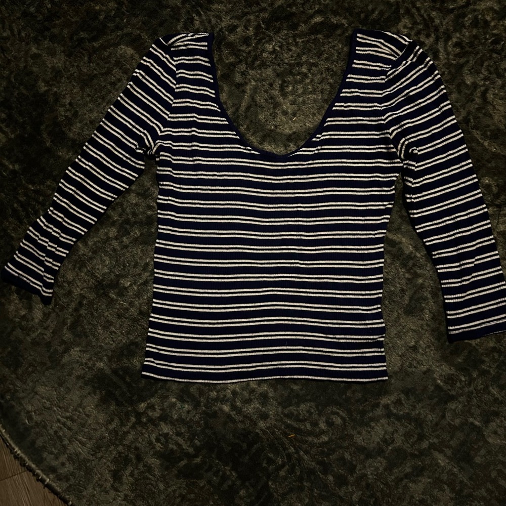 Navy Blue White Striped Ribbed‎ Deep Scoop Neck Top Sz M Preppy Nautical Classic